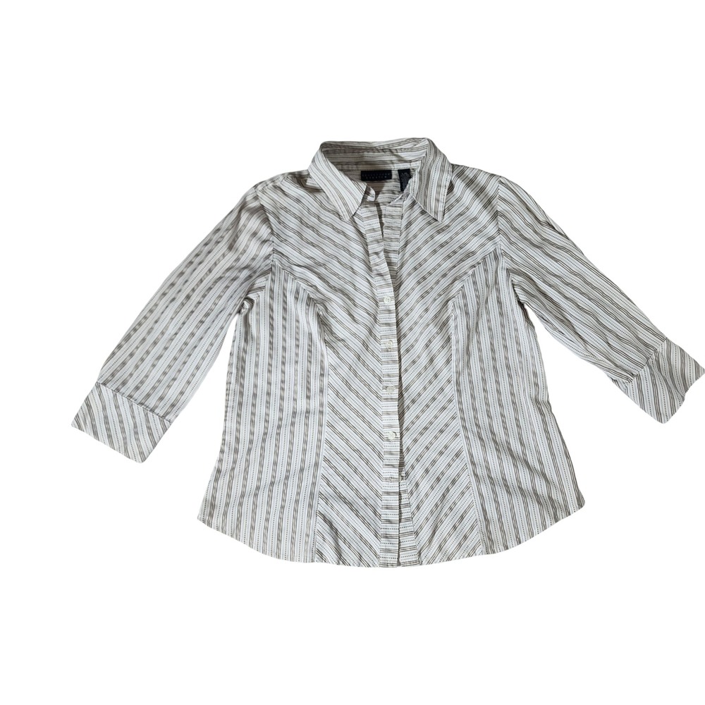 Apostrophe Stretch Womens Brown White Striped 3/4 Sleeve Button Down Shirt Large